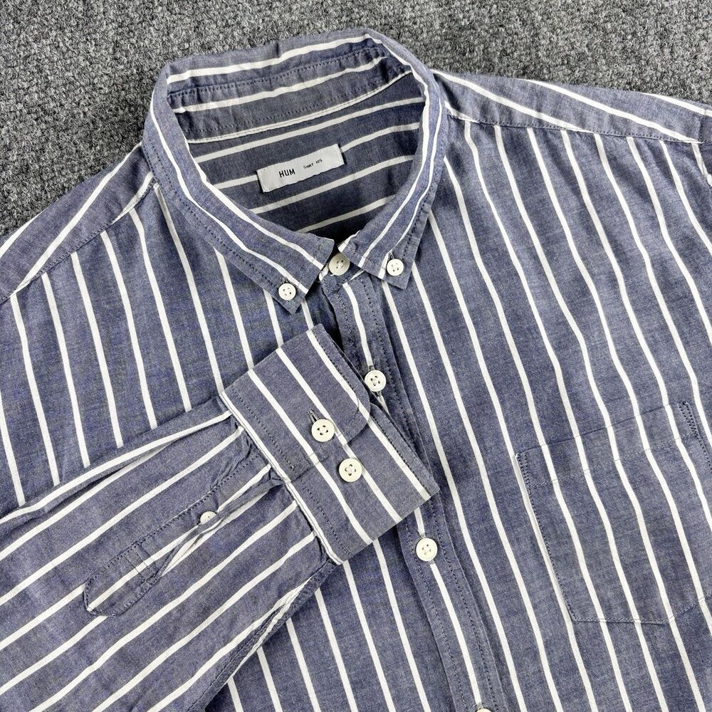 HUM Shirt 105 Mens L Blue White Stripe Long Sleeve Button Down Pocket
